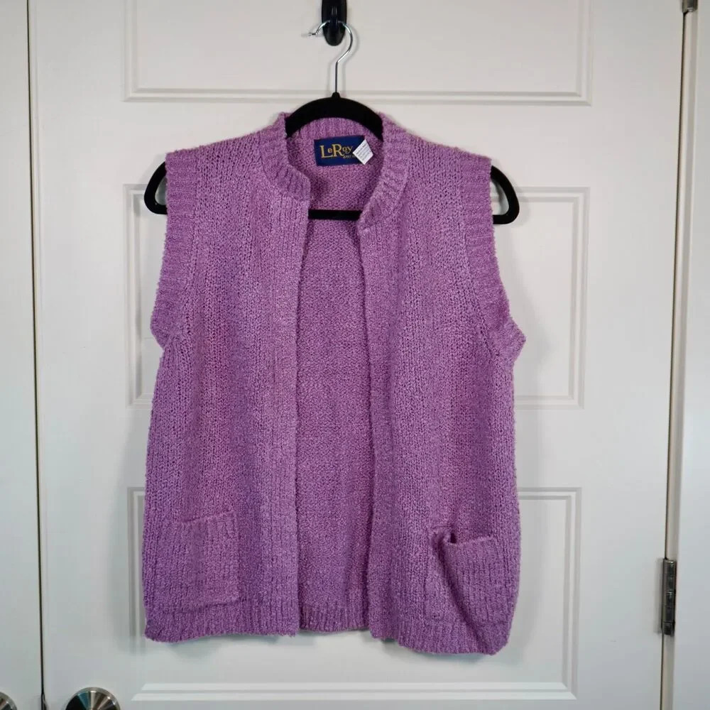Vintage‎ 80s LeRoy Cardigan Vest Medium Womens Purple Acrylic Open Front